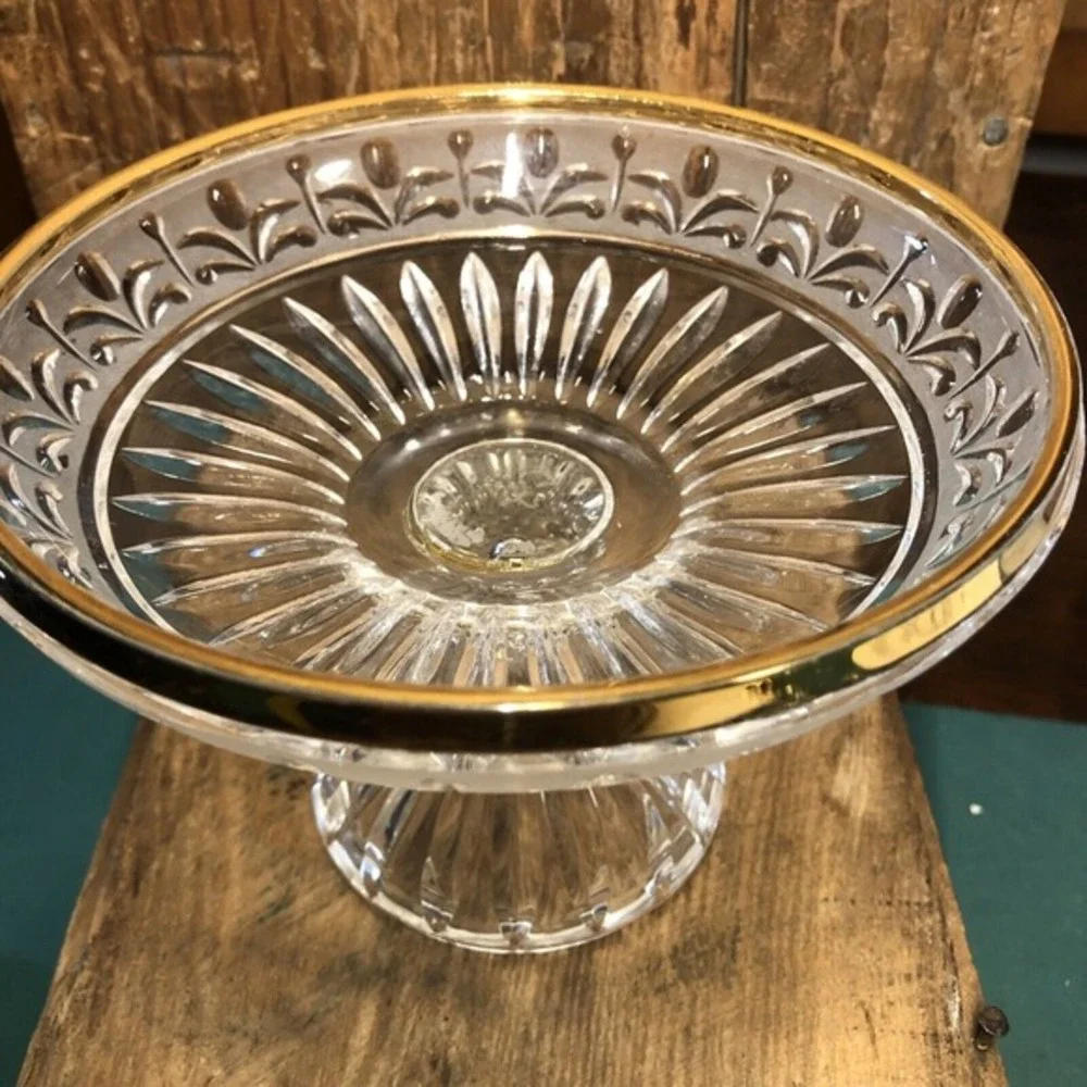 Pedestal‎ Bowl Etched Lead Glass Gilded Rim West Germany Enesco STUNNING